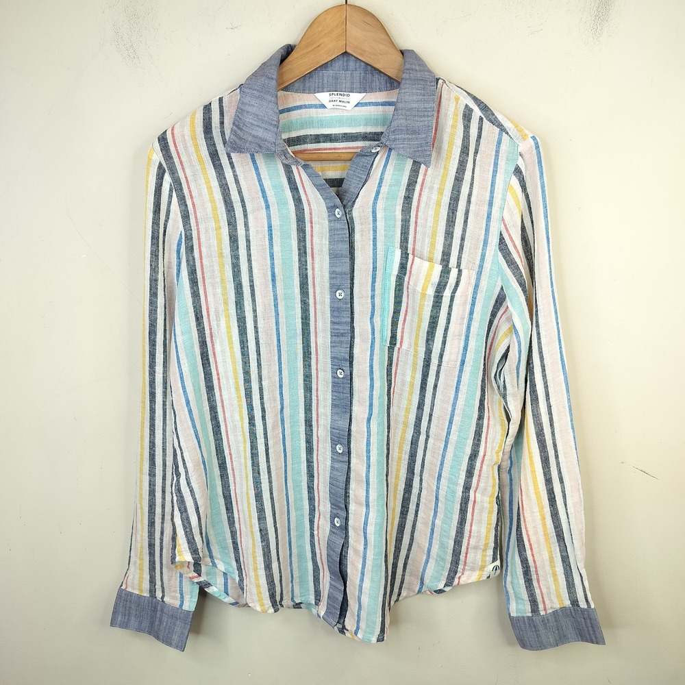 Splendid x Gray Malin Button Down Shirt Medium Linen Blend Stripe Beachy